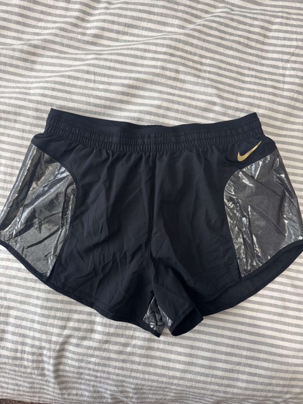 Nike Women's Black Running Shorts with Metallic Silver Panels